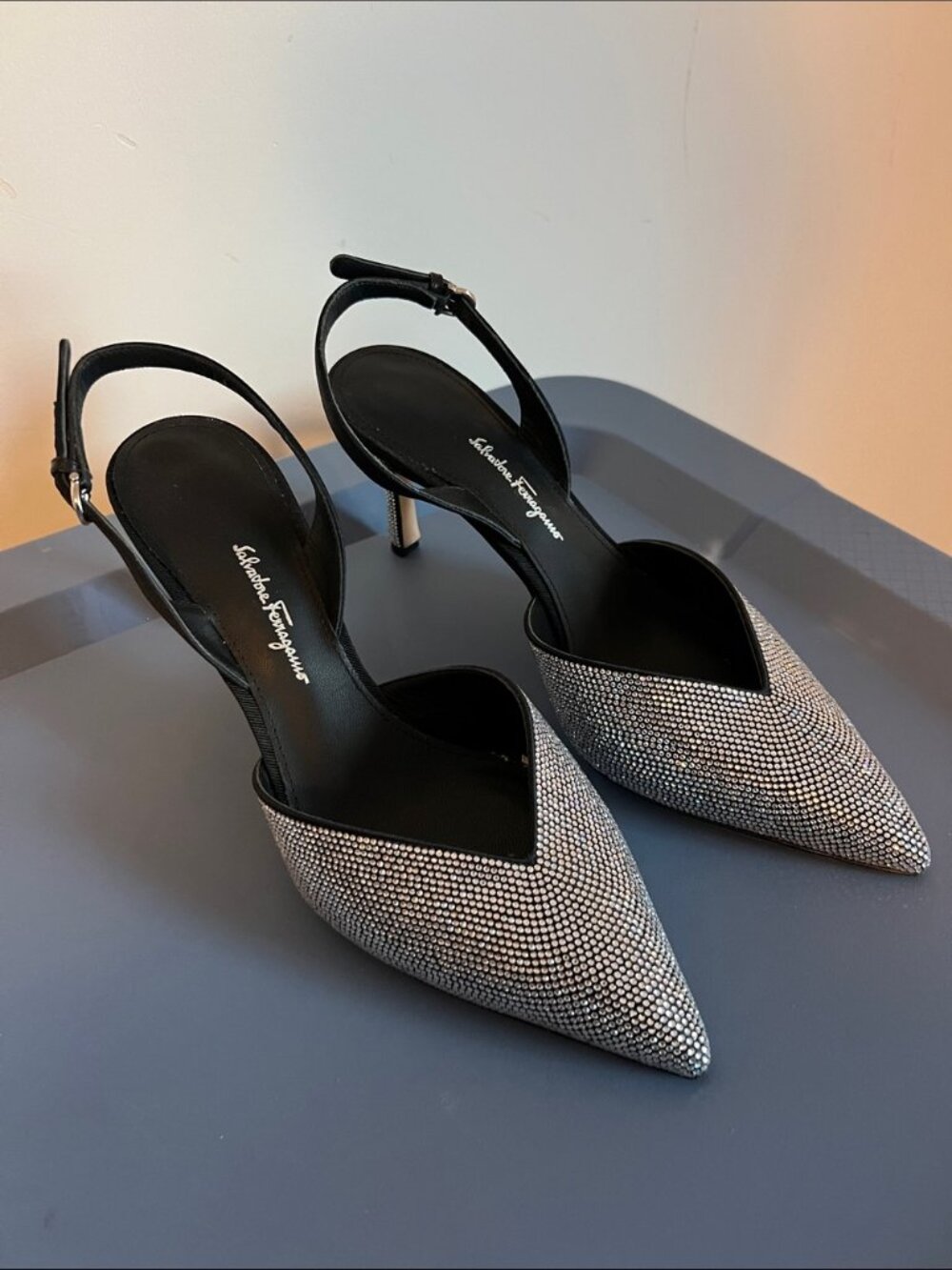 Salvatore Ferragamo Ilee Crystal Pointed Toe Slingback Pumps Made in Italy 8